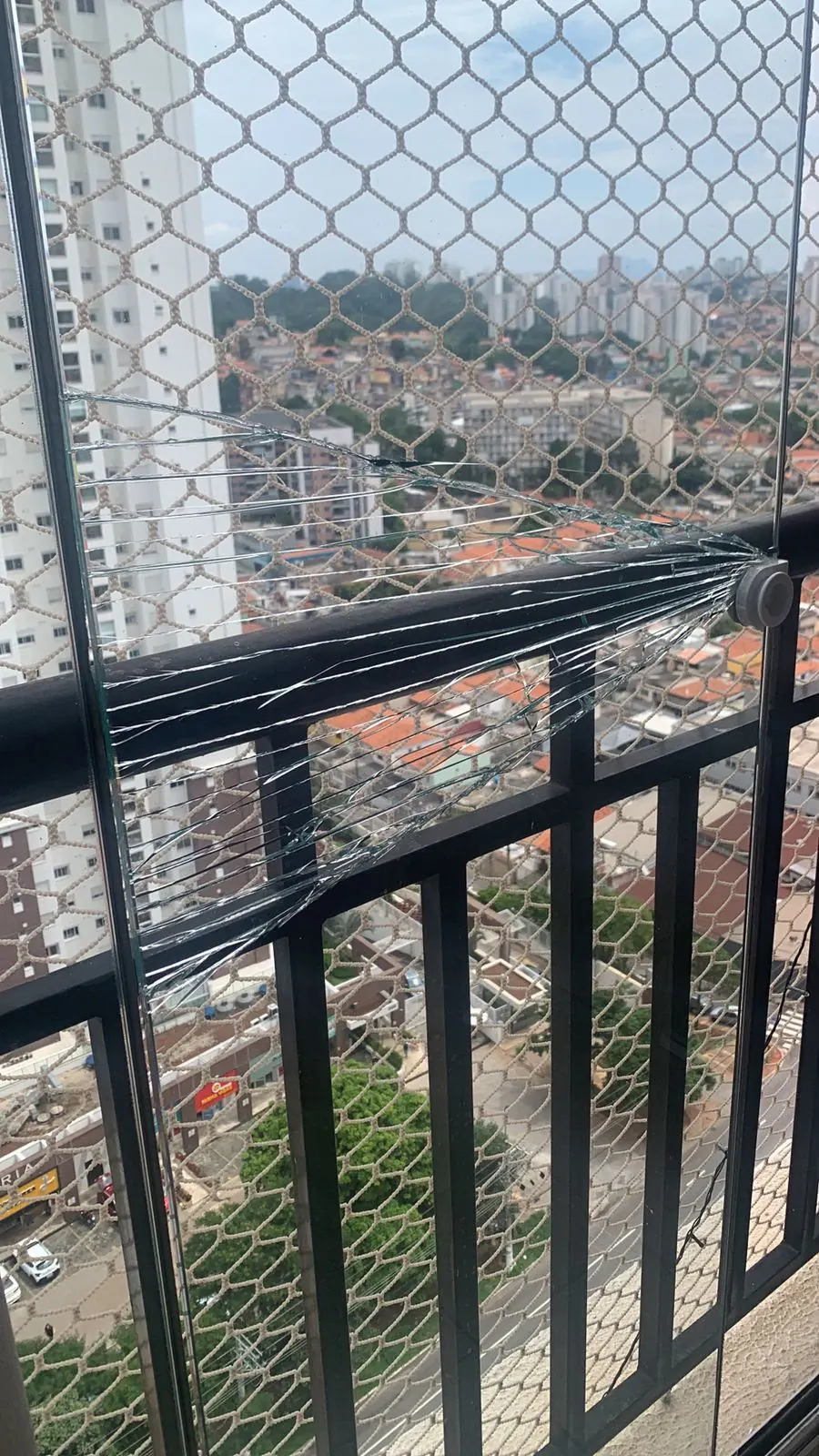 Vista de sacada com envidraçamento e rede de proteção